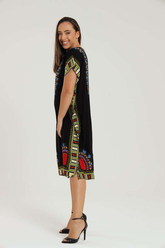 Lisa Dashiki Cotton Kaftan Short Sleeve Mid Length Maxi Dress
