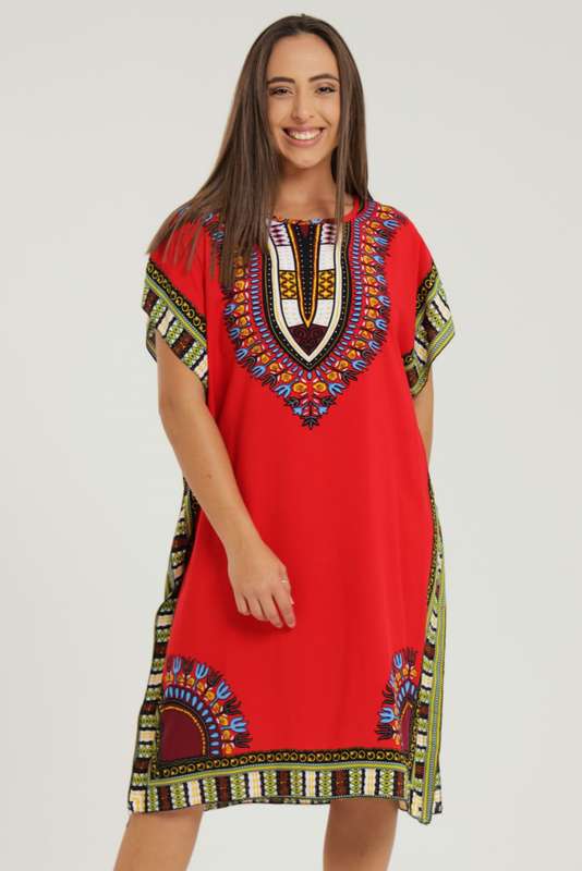 Lisa Dashiki Cotton Kaftan Short Sleeve Mid Length Maxi Dress