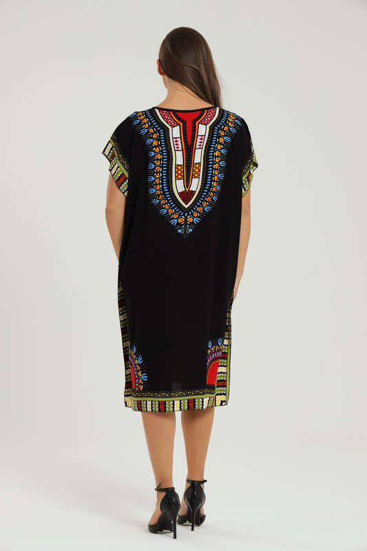 Lisa Dashiki Cotton Kaftan Short Sleeve Mid Length Maxi Dress