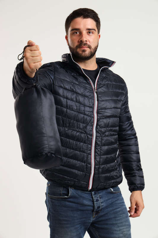 Mens Concealed Hooded Puffer Jacket With Easy Carry Bag
