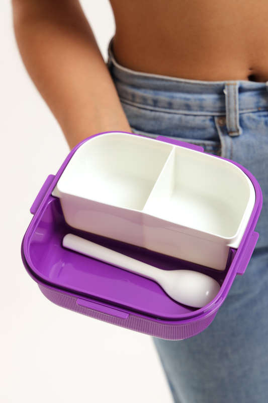 Senza Square 900ml Plastic Divided Lunch Box &amp; 350ml Water Bottle Set With Spoon