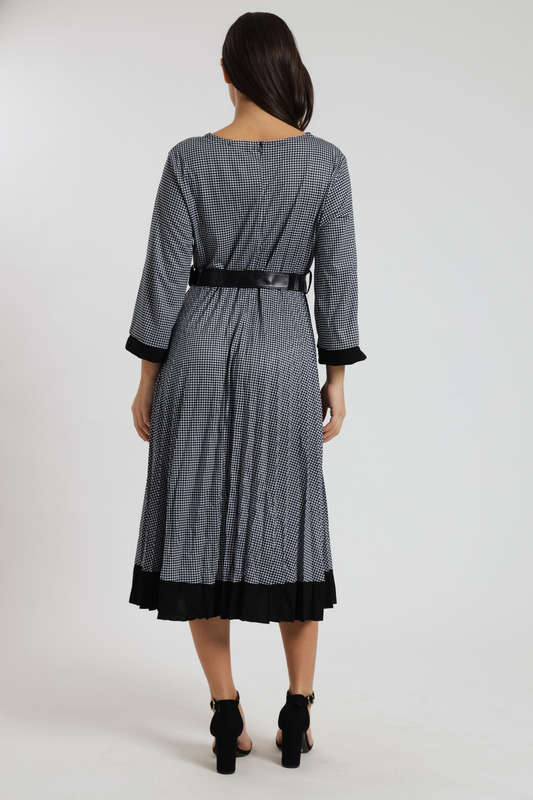 Alaina Midaxi Houndstooth Long Sleeve Pleated Dress with Rouche Design &amp; Belt