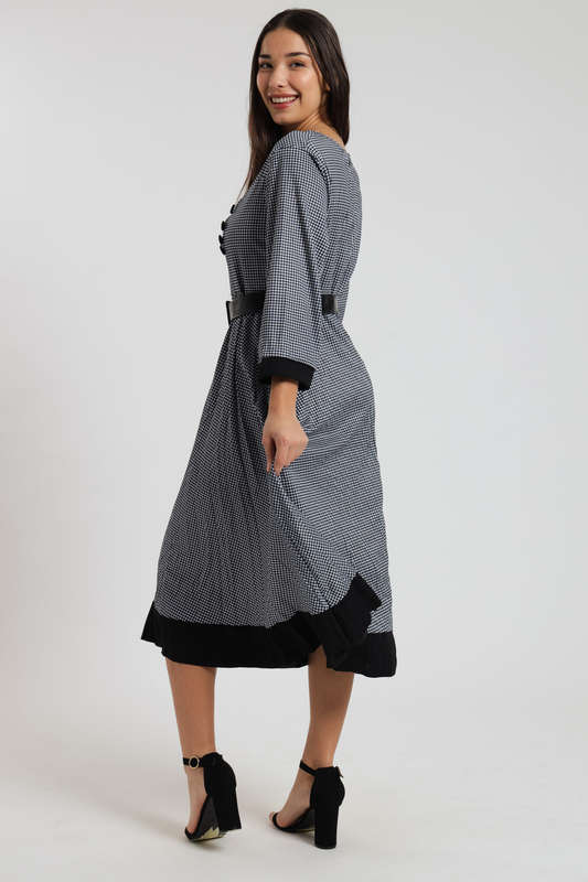 Alaina Midaxi Houndstooth Long Sleeve Pleated Dress with Rouche Design &amp; Belt