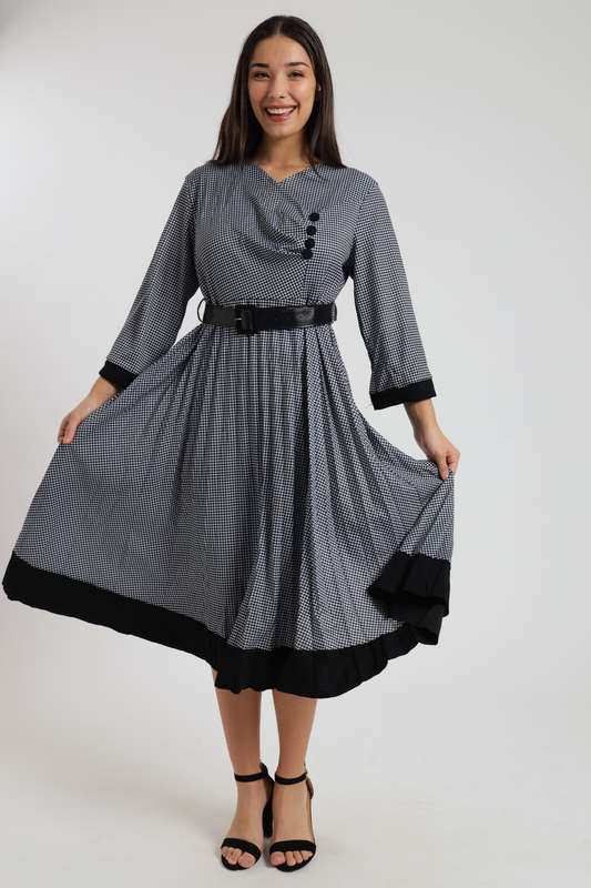 Alaina Midaxi Houndstooth Long Sleeve Pleated Dress with Rouche Design &amp; Belt