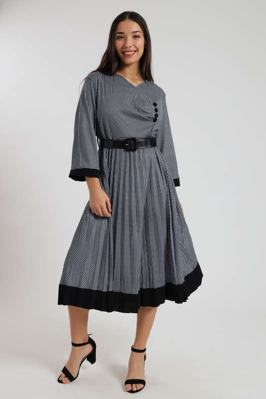 Alaina Midaxi Houndstooth Long Sleeve Pleated Dress with Rouche Design &amp; Belt