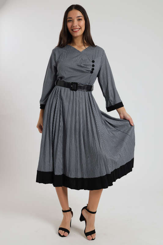 Alaina Midaxi Houndstooth Long Sleeve Pleated Dress with Rouche Design &amp; Belt