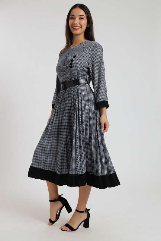 Alaina Midaxi Houndstooth Long Sleeve Pleated Dress with Rouche Design &amp; Belt