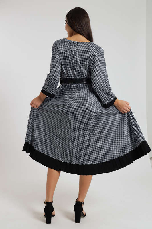Alaina Midaxi Houndstooth Long Sleeve Pleated Dress with Rouche Design &amp; Belt