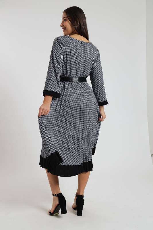 Alaina Midaxi Houndstooth Long Sleeve Pleated Dress with Rouche Design &amp; Belt