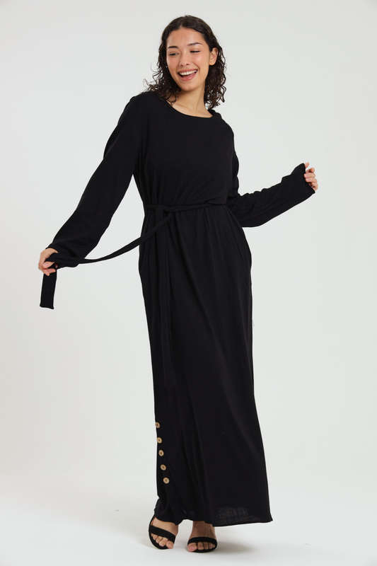 Emma Classic Maxi Long Sleeve Black Abaya Kaftan Belted Cloak Dress With Pockets