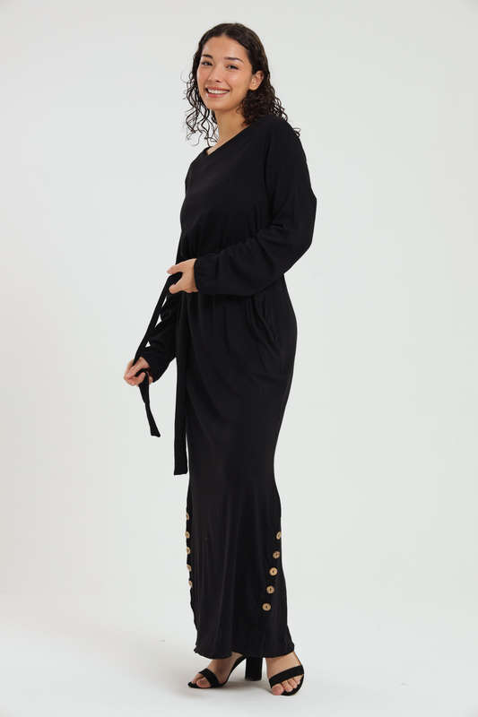 Emma Classic Maxi Long Sleeve Black Abaya Kaftan Belted Cloak Dress With Pockets
