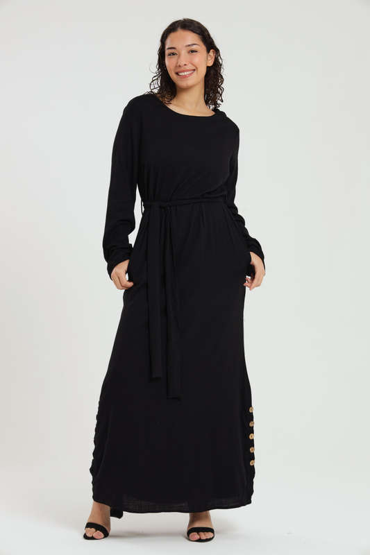 Emma Classic Maxi Long Sleeve Black Abaya Kaftan Belted Cloak Dress With Pockets