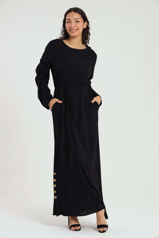Emma Classic Maxi Long Sleeve Black Abaya Kaftan Belted Cloak Dress With Pockets