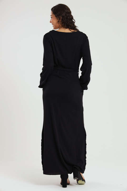 Emma Classic Maxi Long Sleeve Black Abaya Kaftan Belted Cloak Dress With Pockets
