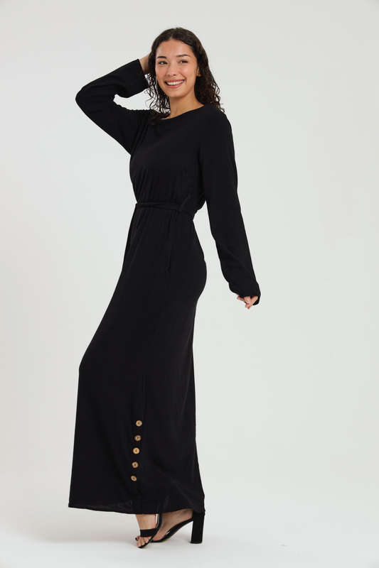 Emma Classic Maxi Long Sleeve Black Abaya Kaftan Belted Cloak Dress With Pockets