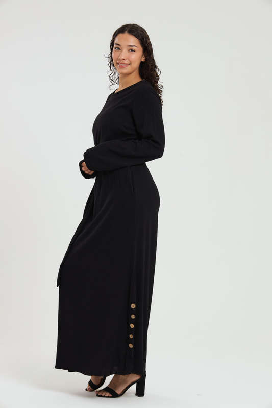 Emma Classic Maxi Long Sleeve Black Abaya Kaftan Belted Cloak Dress With Pockets