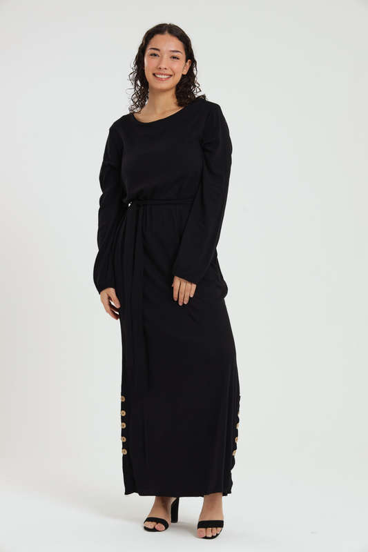 Emma Classic Maxi Long Sleeve Black Abaya Kaftan Belted Cloak Dress With Pockets