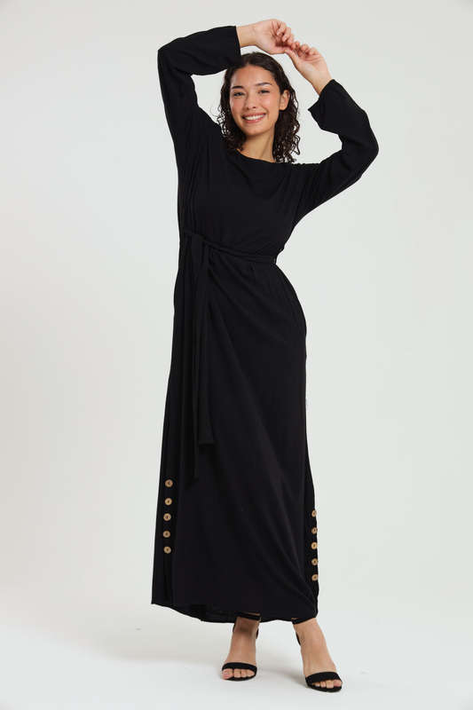 Emma Classic Maxi Long Sleeve Black Abaya Kaftan Belted Cloak Dress With Pockets