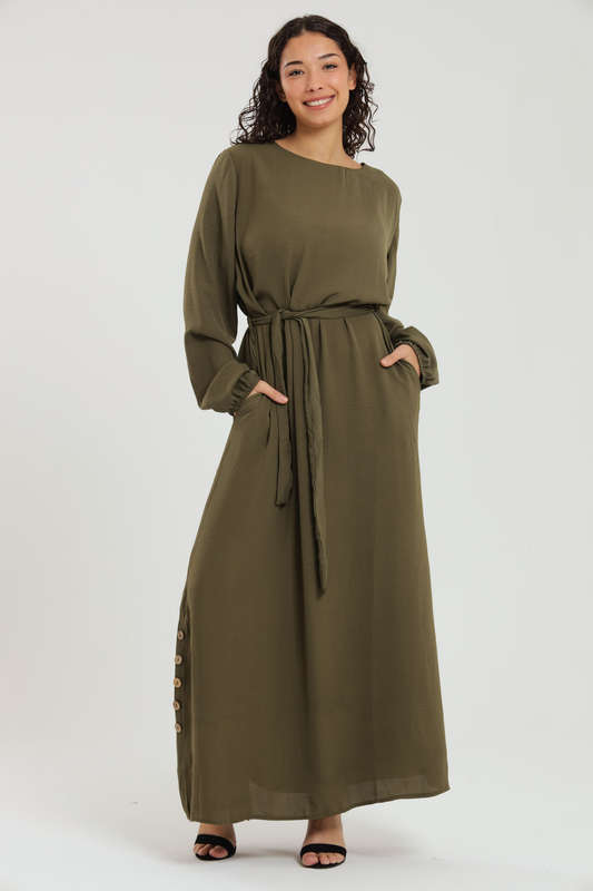 Emma Classic Maxi Long Sleeve Abaya Kaftan Belted Cloak Dress With Pockets