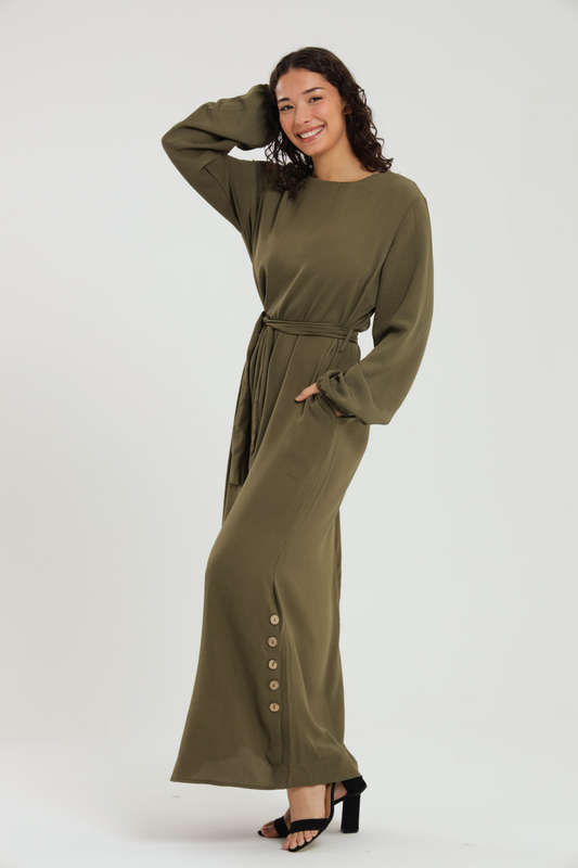 Emma Classic Maxi Long Sleeve Abaya Kaftan Belted Cloak Dress With Pockets