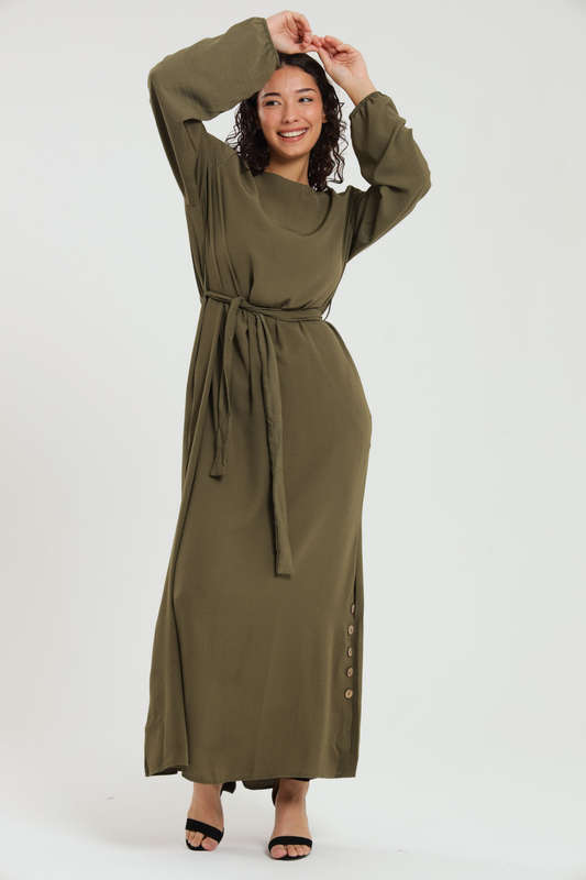 Emma Classic Maxi Long Sleeve Abaya Kaftan Belted Cloak Dress With Pockets