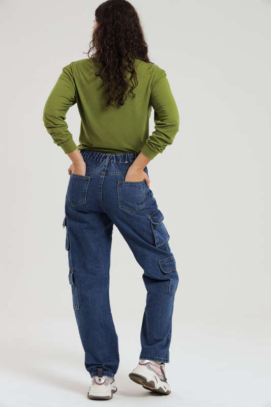 Ladies Blue High Waist Boyfriend Jeans With Side Pockets