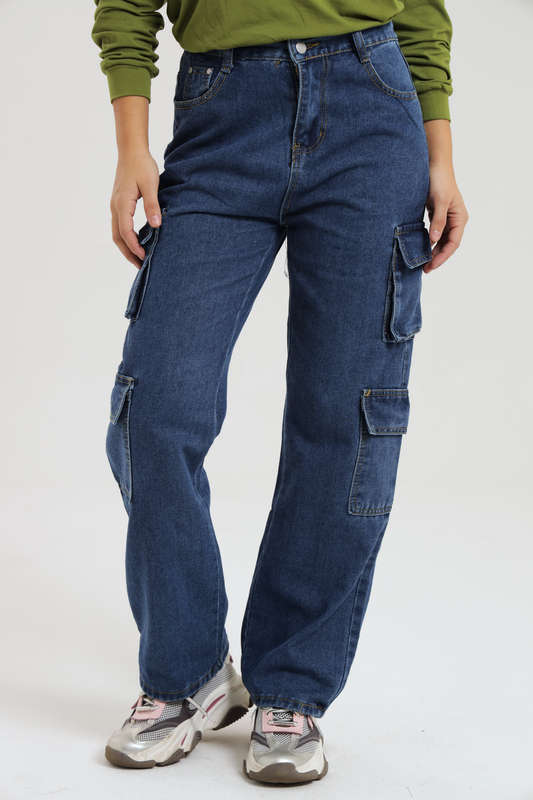 Ladies Blue High Waist Boyfriend Jeans With Side Pockets