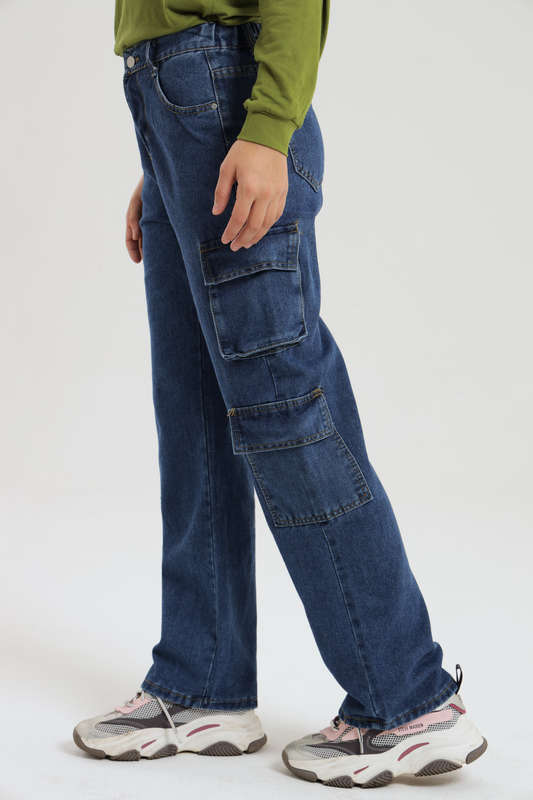 Ladies Blue High Waist Boyfriend Jeans With Side Pockets
