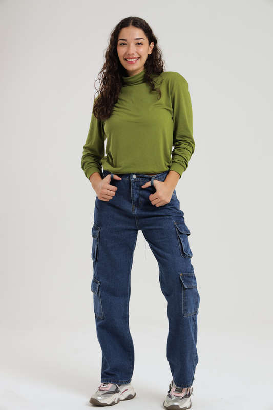 Ladies Blue High Waist Boyfriend Jeans With Side Pockets