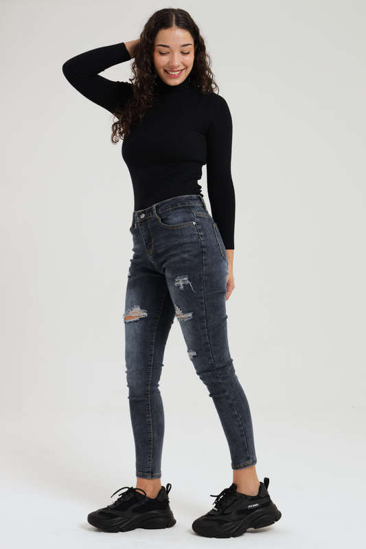 Ladies Dark Blue Ripped Stretch Skinny Jeans