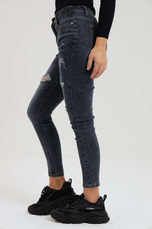 Ladies Dark Blue Ripped Stretch Skinny Jeans