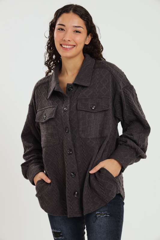 Branded Cable Knit Button Down Oversized Shacket