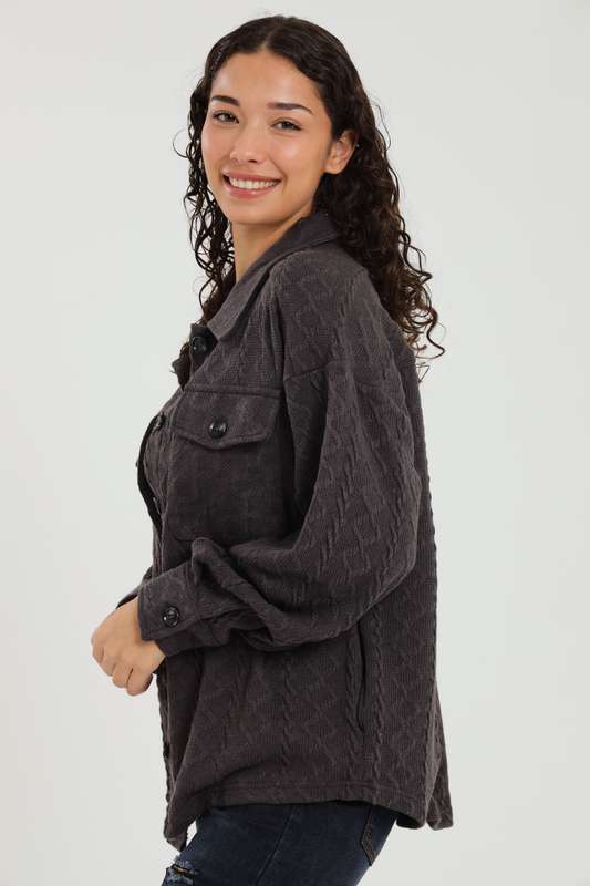 Branded Cable Knit Button Down Oversized Shacket