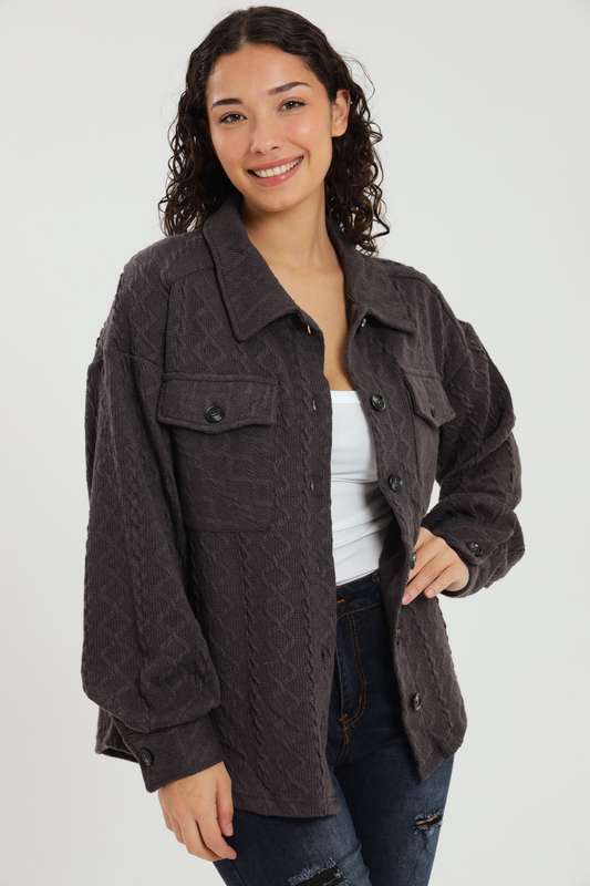 Branded Cable Knit Button Down Oversized Shacket