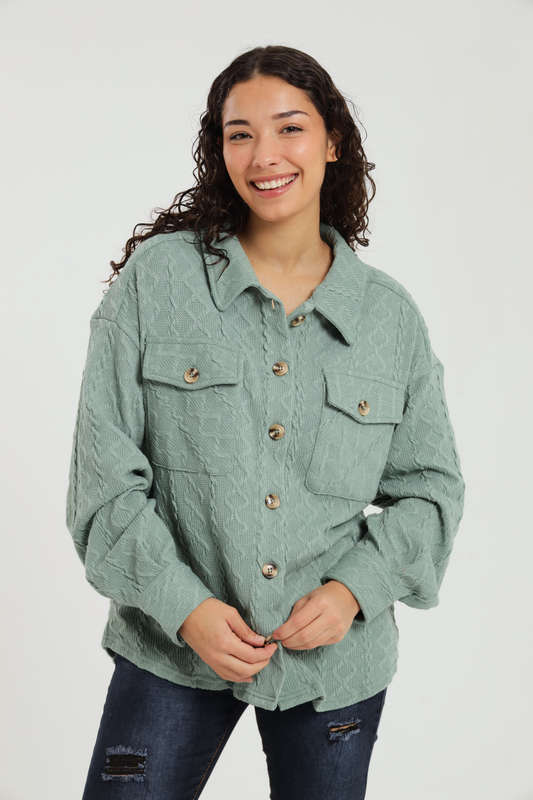 Branded Cable Knit Button Down Oversized Shacket
