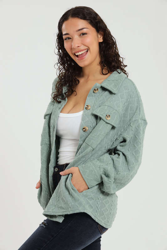 Branded Cable Knit Button Down Oversized Shacket