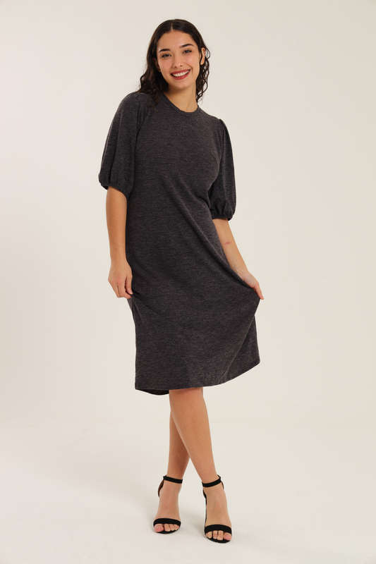 Fine Wine Evening Midi Dress With Puff Sleeves