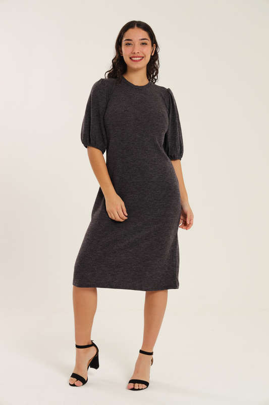 Fine Wine Evening Midi Dress With Puff Sleeves