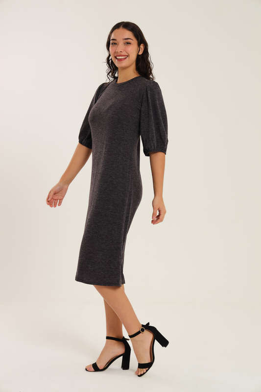 Fine Wine Evening Midi Dress With Puff Sleeves