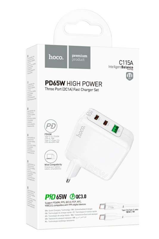 HOCO C115A 3 Port Wall Charger Header  PD65W + QC3.0 Type-C Cable Set