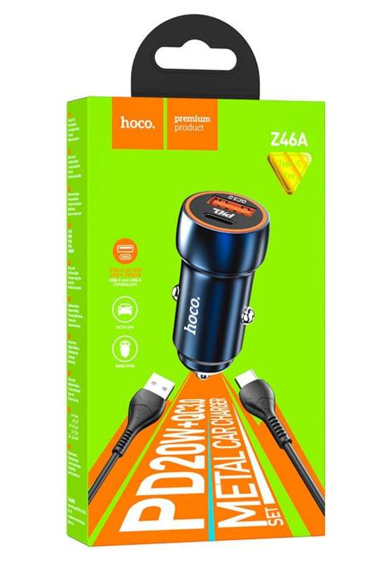 HOCO Dual Port Car charger Z46A Blue Whale PD20W + QC3.0 Set With Type C cable