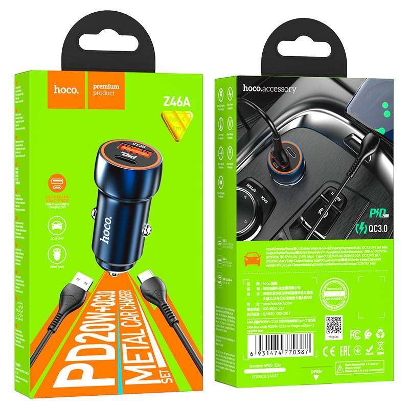 HOCO Dual Port Car charger Z46A Blue Whale PD20W + QC3.0 Set With Type C cable