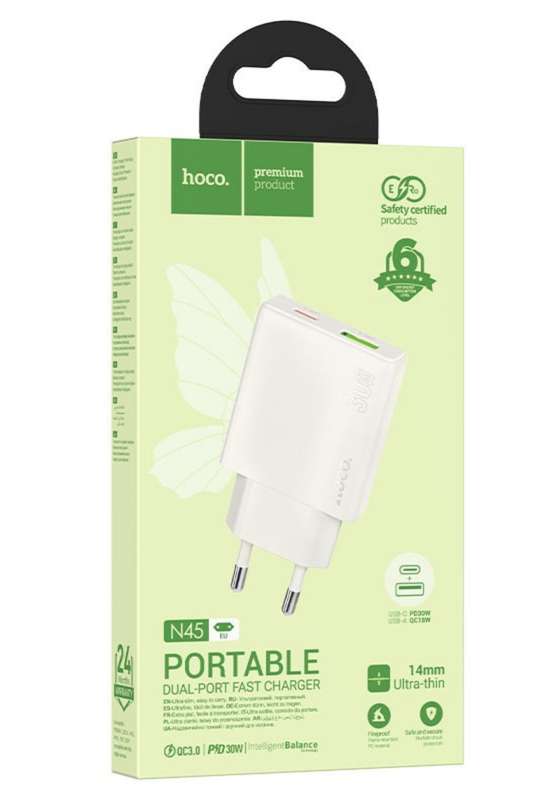 HOCO N95 Wall Charger With Single USB-A &amp; Single Type-C Ports Biscuit PD30W + QC3.0