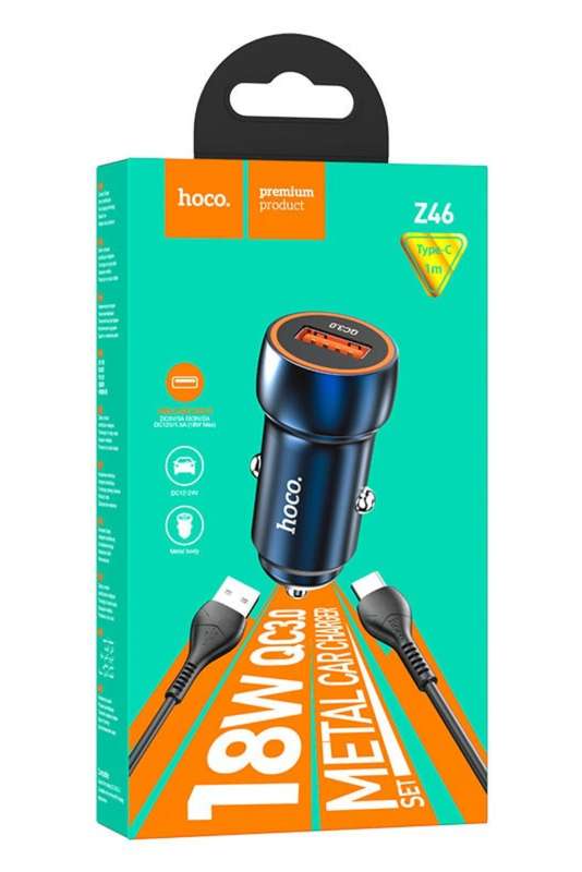 HOCO Z46 Car Charger Blue Shield QC3.0 Set With Cable USB To Type-C