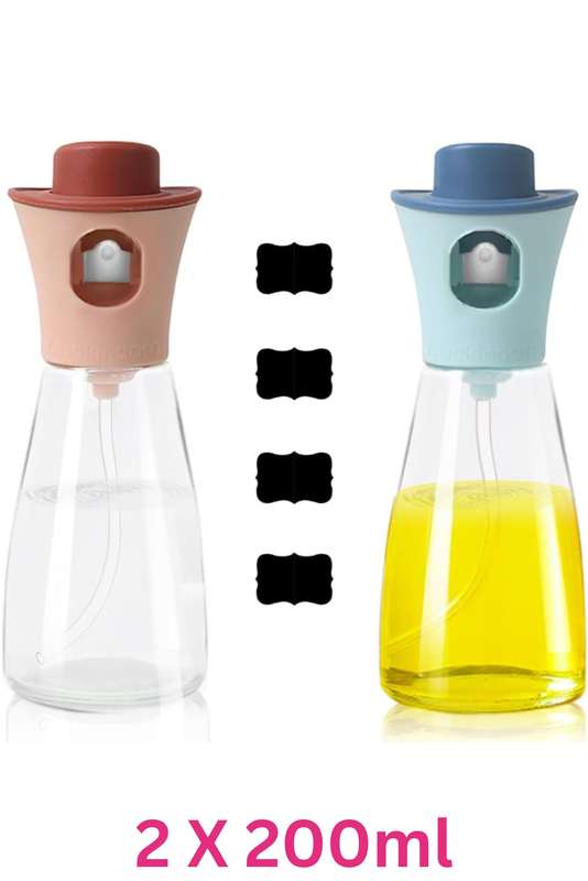 Senza 2 x 200ml Stainless Steel Glass Plastic Oil Spray Bottle Incl 4 Labels