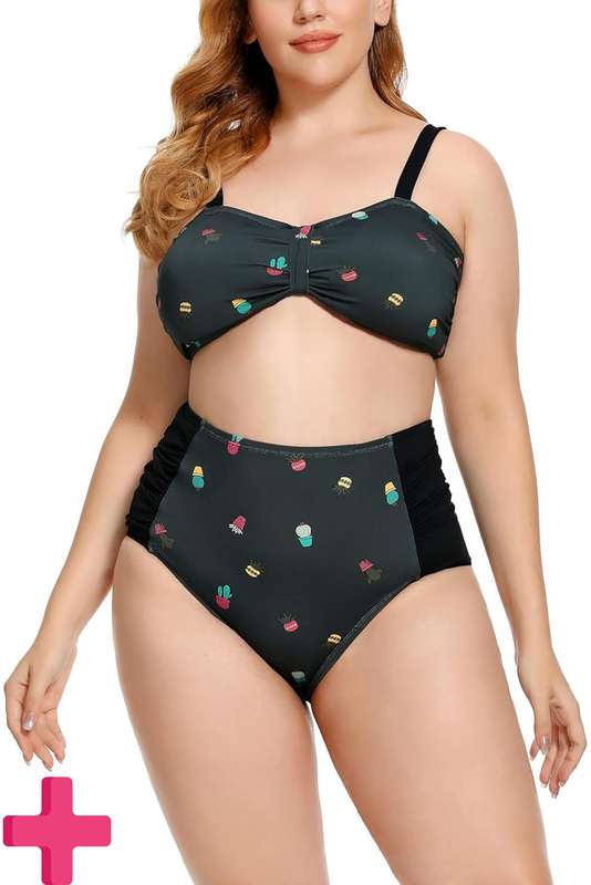 Ladies Plus Size High Waisted 2 Pcs Bikini Tummy Control Swimwear