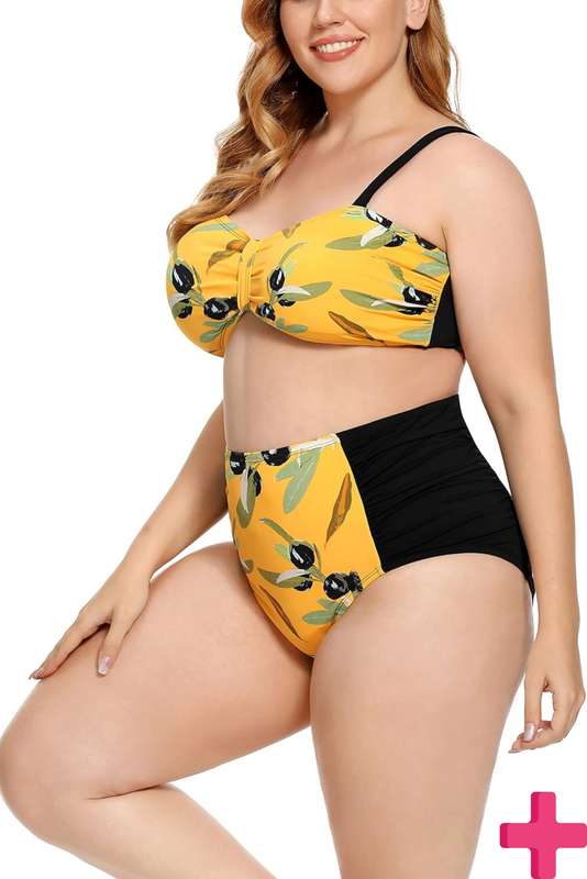 Ladies Plus Size High Waisted 2 Pcs Bikini Tummy Control Swimwear