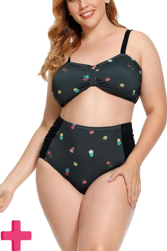 Ladies Plus Size High Waisted 2 Pcs Bikini Tummy Control Swimwear