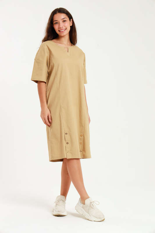 Ladies Linen Blend Tunic Shift Dress With Pockets