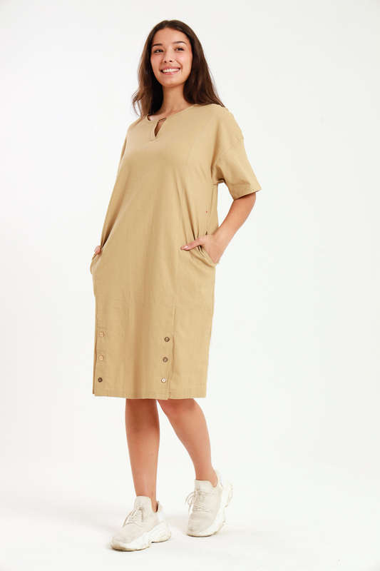 Ladies Linen Blend Tunic Shift Dress With Pockets